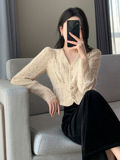 v neck knit short lace cardigan