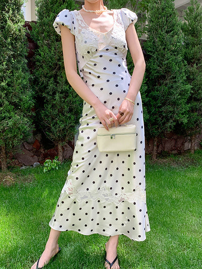 dot lace tight long dress