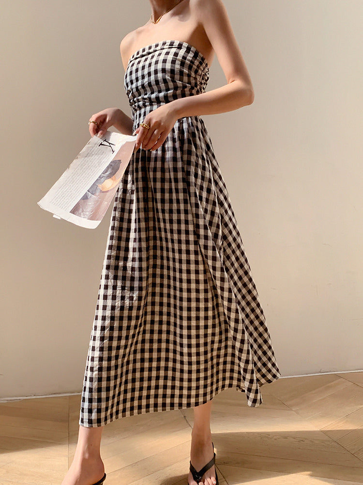 black plaid tube top a line long dress