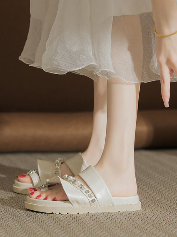 flat ruffle pearl bijou sandals