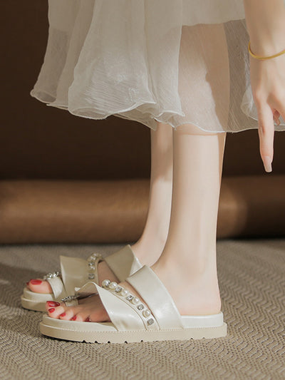 flat ruffle pearl bijou sandals
