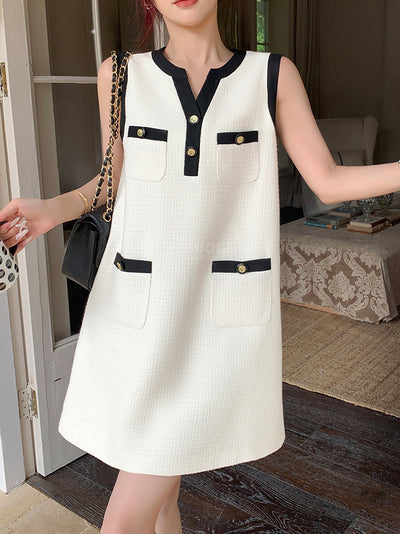 sleeveless button tweed mini one piece