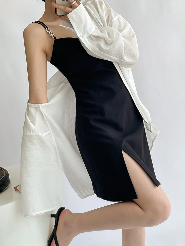 silver chain black tight mini dress