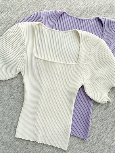 light purple square neck puff sleeve knit tops
