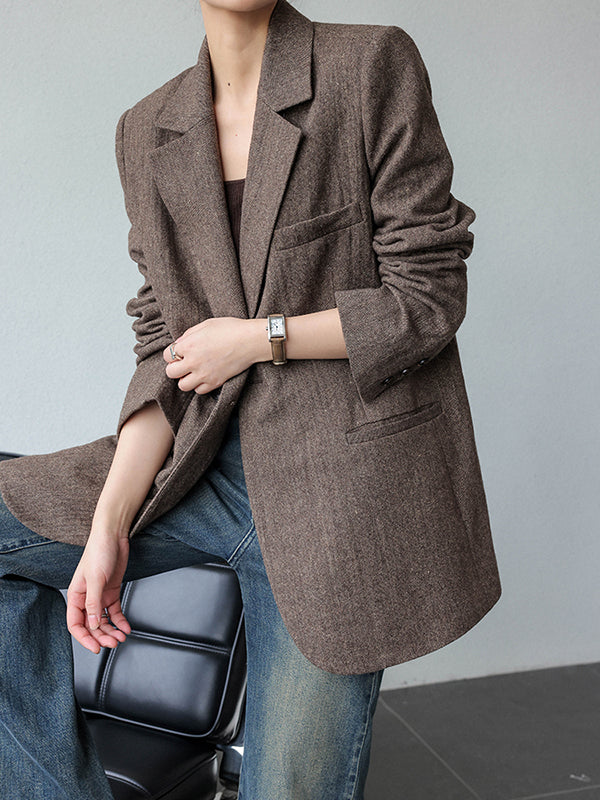 brown suit jacket mini skirt setup
