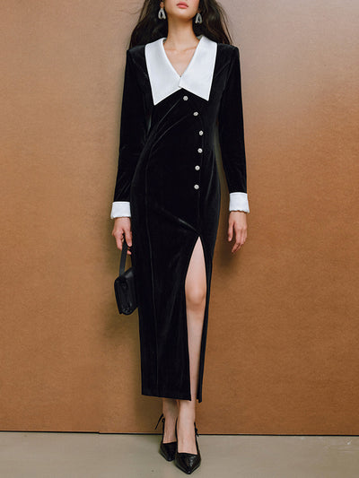 luxury bijou button velvet lapel slit dress