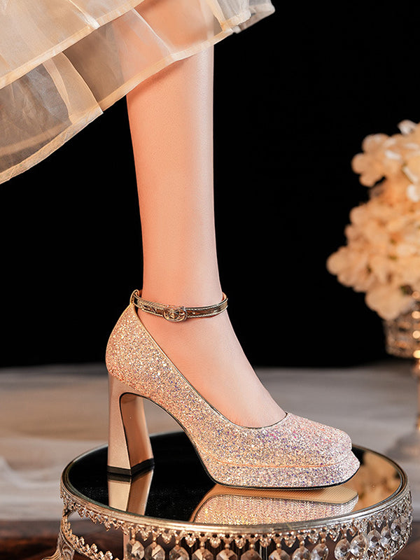 crystal square toe high heel pumps