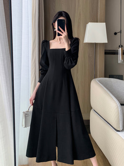square neck long sleeve slit black dress