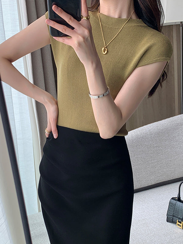 round neck french sleeve slim knit tops