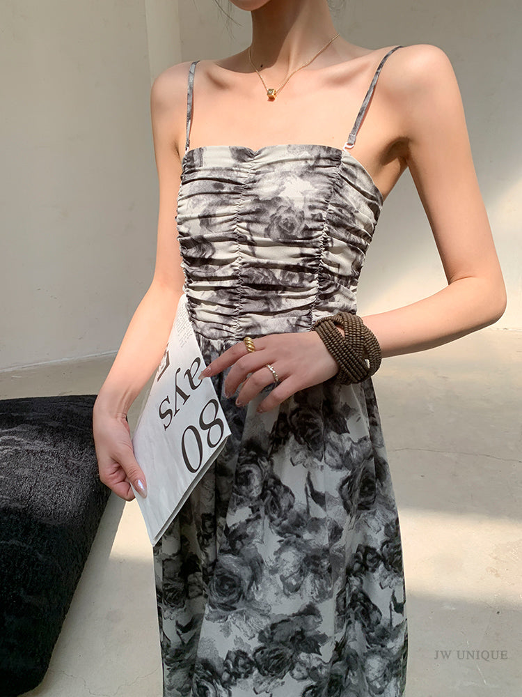 flower print monotone long dress