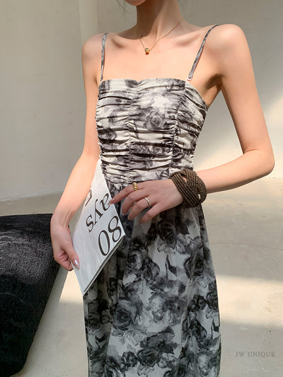 flower print monotone long dress