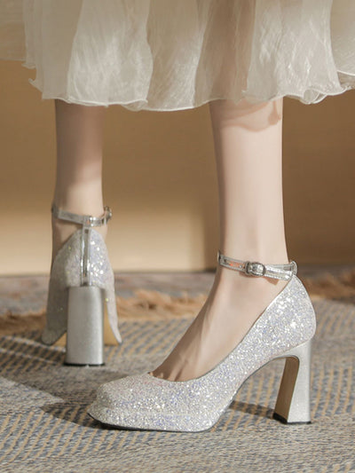 crystal square toe high heel pumps