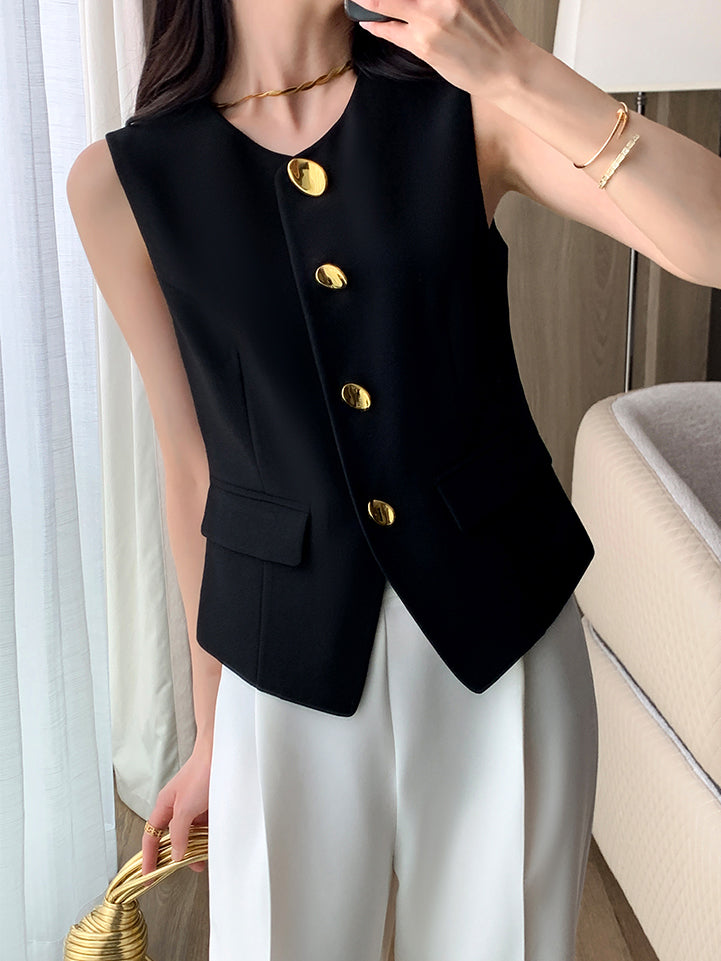 black sleeveless gold button tops