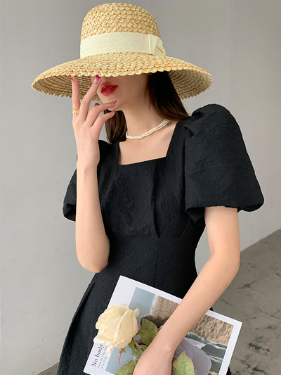 square neck waist puff sleeve flare long black dress