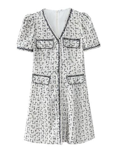 v neck button tweed check short one piece