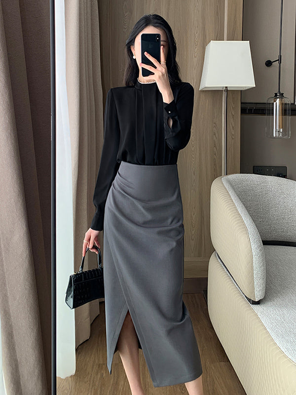 slit gray tight long skirt