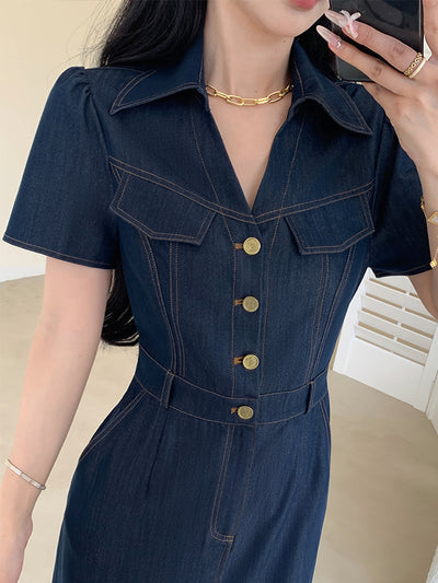 dark blue denim tight long one piece