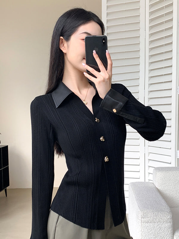 gold button elegant knit tops