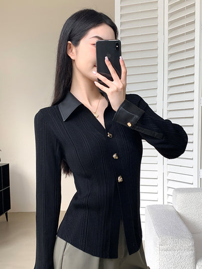 gold button elegant knit tops
