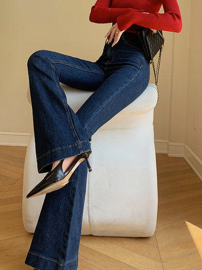 high waist flare slim fit dark blue denim pants