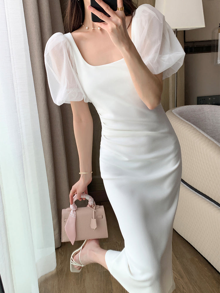 chiffon puff sleeve white tight dress