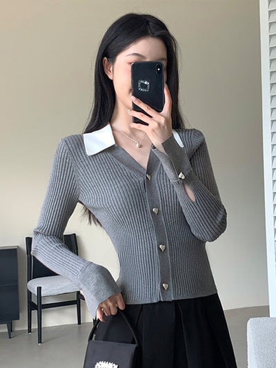 v neck collar heart button cardigan
