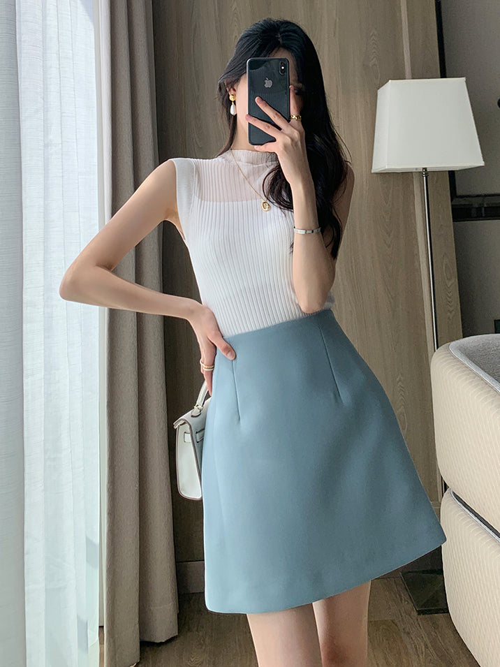 high waist trapezoid light blue mini skirt