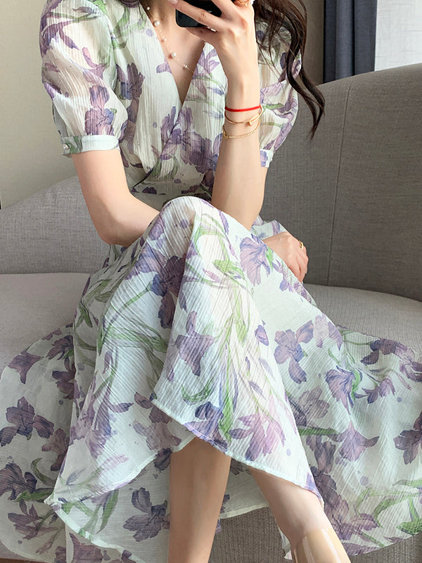 v neck flower tencel long one piece