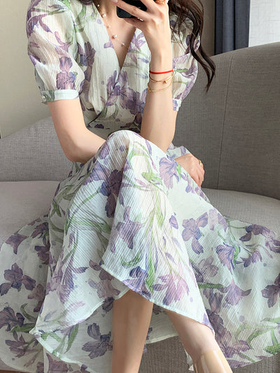 v neck flower tencel long one piece