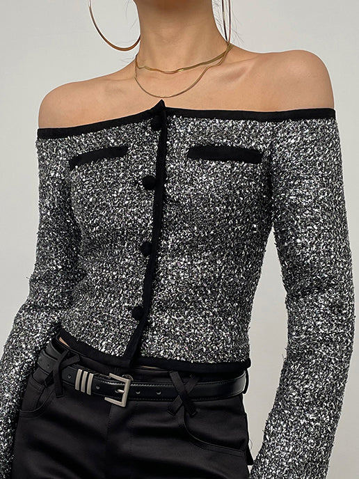 off shoulder tweed short tops