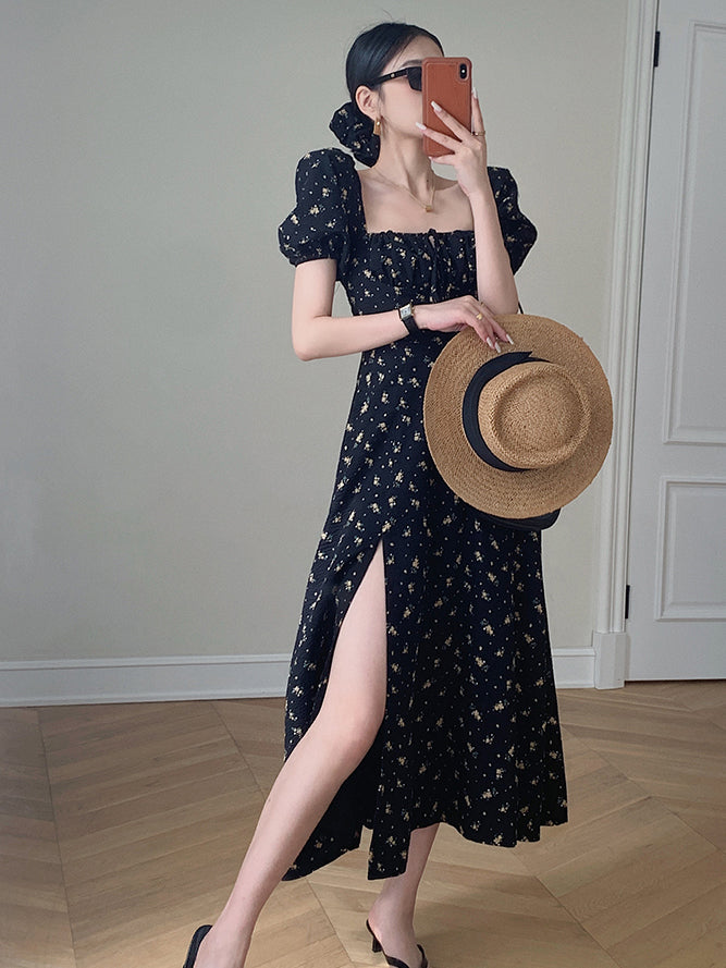 square neck puff sleeve slit black flower one piece