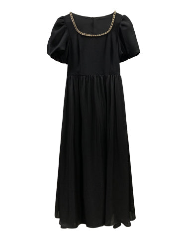 chain square neck puff sleeve black dress