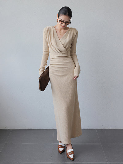 milk tea color v neck long one piece