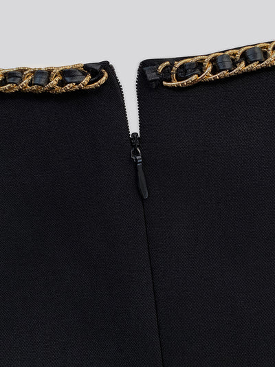 chain square neck puff sleeve black dress