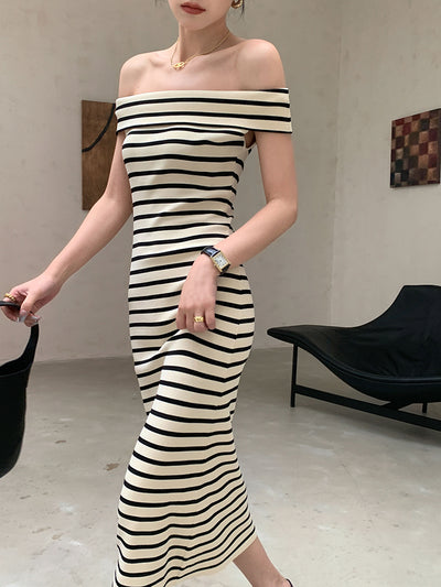 striped off shoulder knit long one piece