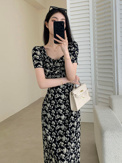 square neck flower tight long dress