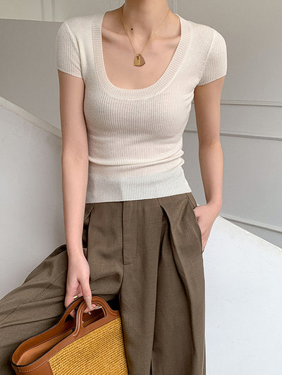 u neck short sleeve knit tops