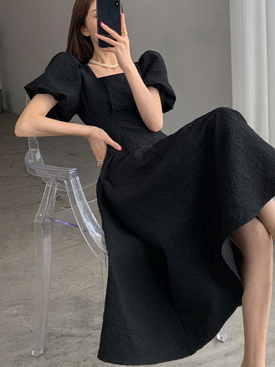 square neck waist puff sleeve flare long black dress