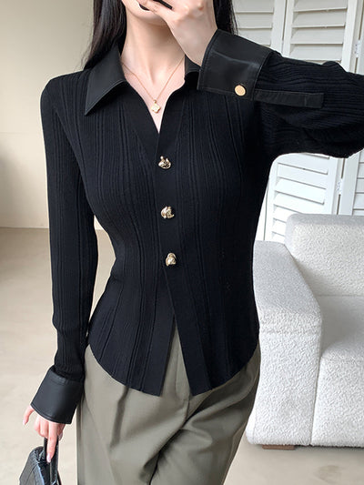 gold button elegant knit tops