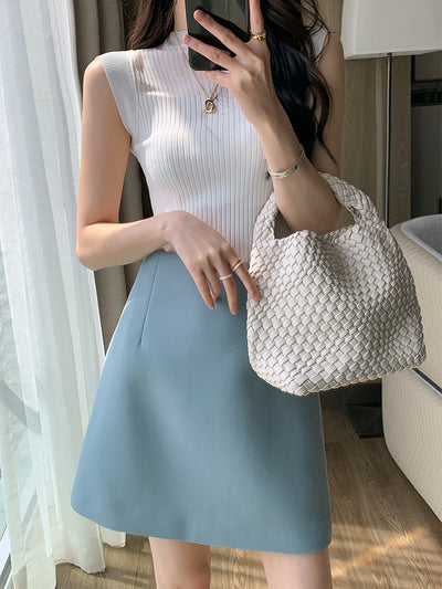 high waist trapezoid light blue mini skirt