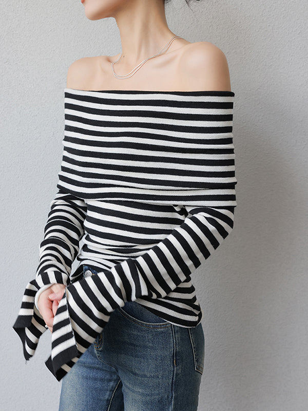stripe off shoulder long sleeve slim fit tops