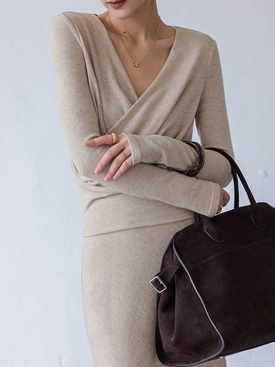 v neck tops long skirt 2 piece set