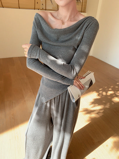 off shoulder asymmetry pants setup