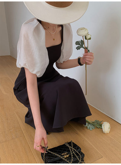 square neck puff sleeve bicolor dress
