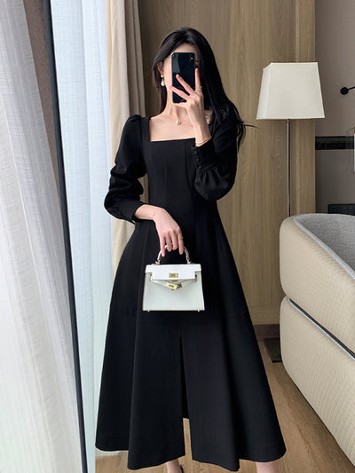 square neck long sleeve slit black dress