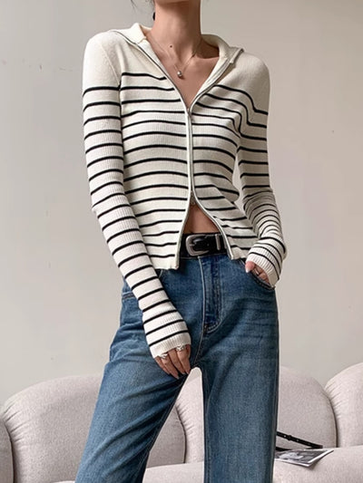 striped zipper knit tops
