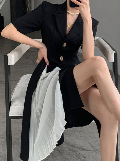 black short sleeve suit style pleats one piece