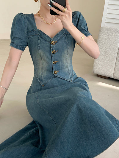 puff sleeve blue denim flared long dress