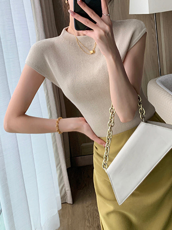 round neck french sleeve slim fit light beige tops