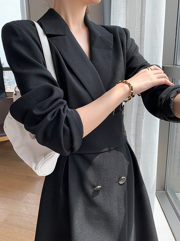 waist slim black long suit dress